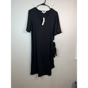 Amour Vert Mizu Dress Knit Midi V-Neck Tie Wrap Black Lg NEW with tags